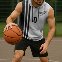 Custom New Zealand Football Sleeveless Hoodie Silver Fern and Maori Tribal Black White Half Sporty Style
