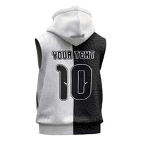 Custom New Zealand Football Sleeveless Zip Hoodie Silver Fern and Maori Tribal Black White Half Sporty Style