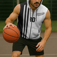 Custom New Zealand Football Sleeveless Zip Hoodie Silver Fern and Maori Tribal Black White Half Sporty Style