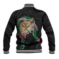 Hawaii Pikake and Maile Lei Baseball Jacket Honu Polynesian Pattern Black Color