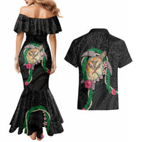 Hawaii Pikake and Maile Lei Couples Matching Mermaid Dress and Hawaiian Shirt Honu Polynesian Pattern Black Color LT03 - Polynesian Pride