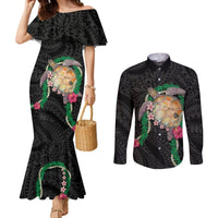 Hawaii Pikake and Maile Lei Couples Matching Mermaid Dress and Long Sleeve Button Shirt Honu Polynesian Pattern Black Color LT03 Black - Polynesian Pride
