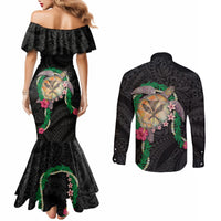 Hawaii Pikake and Maile Lei Couples Matching Mermaid Dress and Long Sleeve Button Shirt Honu Polynesian Pattern Black Color LT03 - Polynesian Pride