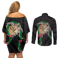 Hawaii Pikake and Maile Lei Couples Matching Off Shoulder Short Dress and Long Sleeve Button Shirt Honu Polynesian Pattern Black Color