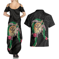Hawaii Pikake and Maile Lei Couples Matching Summer Maxi Dress and Hawaiian Shirt Honu Polynesian Pattern Black Color