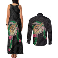 Hawaii Pikake and Maile Lei Couples Matching Tank Maxi Dress and Long Sleeve Button Shirt Honu Polynesian Pattern Black Color