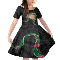 Hawaii Pikake and Maile Lei Family Matching Mermaid Dress and Hawaiian Shirt Honu Polynesian Pattern Black Color