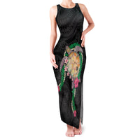 Hawaii Pikake and Maile Lei Family Matching Tank Maxi Dress and Hawaiian Shirt Honu Polynesian Pattern Black Color