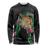 Hawaii Pikake and Maile Lei Long Sleeve Shirt Honu Polynesian Pattern Black Color