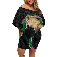 Hawaii Pikake and Maile Lei Off Shoulder Short Dress Honu Polynesian Pattern Black Color LT03 Women Black - Polynesian Pride
