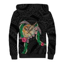 Hawaii Pikake and Maile Lei Sherpa Hoodie Honu Polynesian Pattern Black Color