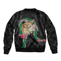 Hawaii Pikake and Maile Lei Sleeve Zip Bomber Jacket Honu Polynesian Pattern Black Color