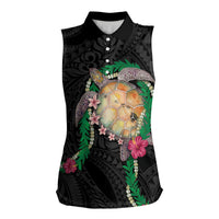 Hawaii Pikake and Maile Lei Women Sleeveless Polo Shirt Honu Polynesian Pattern Black Color