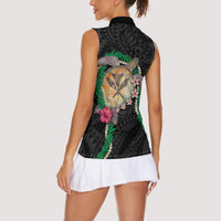Hawaii Pikake and Maile Lei Women Sleeveless Polo Shirt Honu Polynesian Pattern Black Color