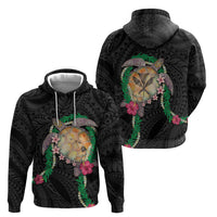 Hawaii Pikake and Maile Lei Zip Hoodie Honu Polynesian Pattern Black Color