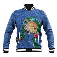 Hawaii Pikake and Maile Lei Baseball Jacket Honu Polynesian Pattern Blue Color