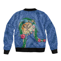Hawaii Pikake and Maile Lei Bomber Jacket Honu Polynesian Pattern Blue Color