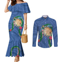 Hawaii Pikake and Maile Lei Couples Matching Mermaid Dress and Long Sleeve Button Shirt Honu Polynesian Pattern Blue Color LT03 Blue - Polynesian Pride