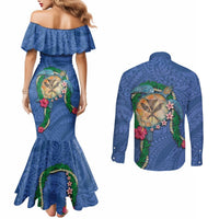 Hawaii Pikake and Maile Lei Couples Matching Mermaid Dress and Long Sleeve Button Shirt Honu Polynesian Pattern Blue Color LT03 - Polynesian Pride
