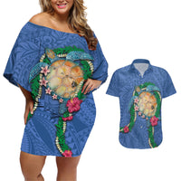 Hawaii Pikake and Maile Lei Couples Matching Off Shoulder Short Dress and Hawaiian Shirt Honu Polynesian Pattern Blue Color