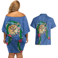 Hawaii Pikake and Maile Lei Couples Matching Off Shoulder Short Dress and Hawaiian Shirt Honu Polynesian Pattern Blue Color