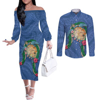 Hawaii Pikake and Maile Lei Couples Matching Off The Shoulder Long Sleeve Dress and Long Sleeve Button Shirt Honu Polynesian Pattern Blue Color