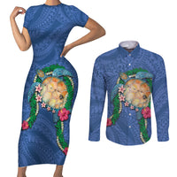 Hawaii Pikake and Maile Lei Couples Matching Short Sleeve Bodycon Dress and Long Sleeve Button Shirt Honu Polynesian Pattern Blue Color