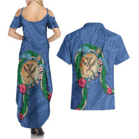 Hawaii Pikake and Maile Lei Couples Matching Summer Maxi Dress and Hawaiian Shirt Honu Polynesian Pattern Blue Color