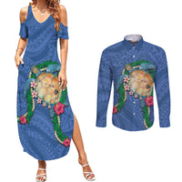 Hawaii Pikake and Maile Lei Couples Matching Summer Maxi Dress and Long Sleeve Button Shirt Honu Polynesian Pattern Blue Color