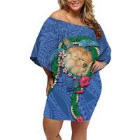 Hawaii Pikake and Maile Lei Family Matching Off Shoulder Short Dress and Hawaiian Shirt Honu Polynesian Pattern Blue Color