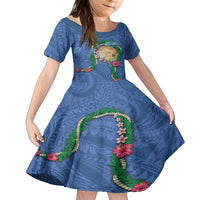 Hawaii Pikake and Maile Lei Family Matching Tank Maxi Dress and Hawaiian Shirt Honu Polynesian Pattern Blue Color