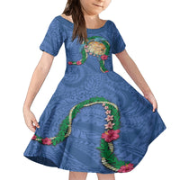 Hawaii Pikake and Maile Lei Kid Short Sleeve Dress Honu Polynesian Pattern Blue Color