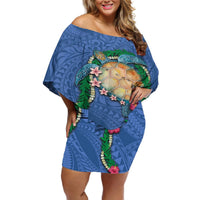Hawaii Pikake and Maile Lei Off Shoulder Short Dress Honu Polynesian Pattern Blue Color LT03 Women Blue - Polynesian Pride