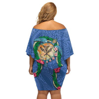 Hawaii Pikake and Maile Lei Off Shoulder Short Dress Honu Polynesian Pattern Blue Color LT03 - Polynesian Pride