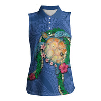 Hawaii Pikake and Maile Lei Women Sleeveless Polo Shirt Honu Polynesian Pattern Blue Color