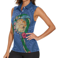 Hawaii Pikake and Maile Lei Women Sleeveless Polo Shirt Honu Polynesian Pattern Blue Color