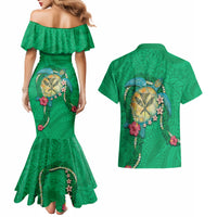 Hawaii Pikake and Maile Lei Couples Matching Mermaid Dress and Hawaiian Shirt Honu Polynesian Pattern Green Color LT03 - Polynesian Pride