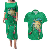 Hawaii Pikake and Maile Lei Couples Matching Puletasi and Hawaiian Shirt Honu Polynesian Pattern Green Color LT03 Green - Polynesian Pride