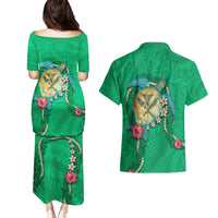 Hawaii Pikake and Maile Lei Couples Matching Puletasi and Hawaiian Shirt Honu Polynesian Pattern Green Color LT03 - Polynesian Pride