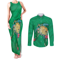Hawaii Pikake and Maile Lei Couples Matching Tank Maxi Dress and Long Sleeve Button Shirt Honu Polynesian Pattern Green Color