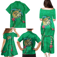 Hawaii Pikake and Maile Lei Family Matching Puletasi and Hawaiian Shirt Honu Polynesian Pattern Green Color