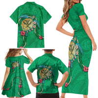 Hawaii Pikake and Maile Lei Family Matching Short Sleeve Bodycon Dress and Hawaiian Shirt Honu Polynesian Pattern Green Color