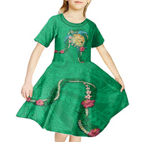 Hawaii Pikake and Maile Lei Kid Short Sleeve Dress Honu Polynesian Pattern Green Color
