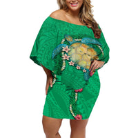 Hawaii Pikake and Maile Lei Off Shoulder Short Dress Honu Polynesian Pattern Green Color LT03 Women Green - Polynesian Pride