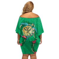 Hawaii Pikake and Maile Lei Off Shoulder Short Dress Honu Polynesian Pattern Green Color LT03 - Polynesian Pride