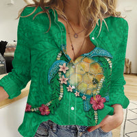 Hawaii Pikake and Maile Lei Women Casual Shirt Honu Polynesian Pattern Green Color