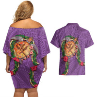 Hawaii Pikake and Maile Lei Couples Matching Off Shoulder Short Dress and Hawaiian Shirt Honu Polynesian Pattern Pink Color