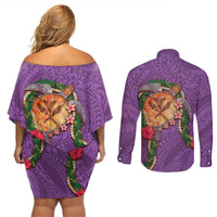 Hawaii Pikake and Maile Lei Couples Matching Off Shoulder Short Dress and Long Sleeve Button Shirt Honu Polynesian Pattern Pink Color