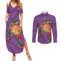 Hawaii Pikake and Maile Lei Couples Matching Summer Maxi Dress and Long Sleeve Button Shirt Honu Polynesian Pattern Pink Color LT03 Pink - Polynesian Pride
