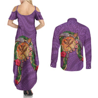 Hawaii Pikake and Maile Lei Couples Matching Summer Maxi Dress and Long Sleeve Button Shirt Honu Polynesian Pattern Pink Color LT03 - Polynesian Pride